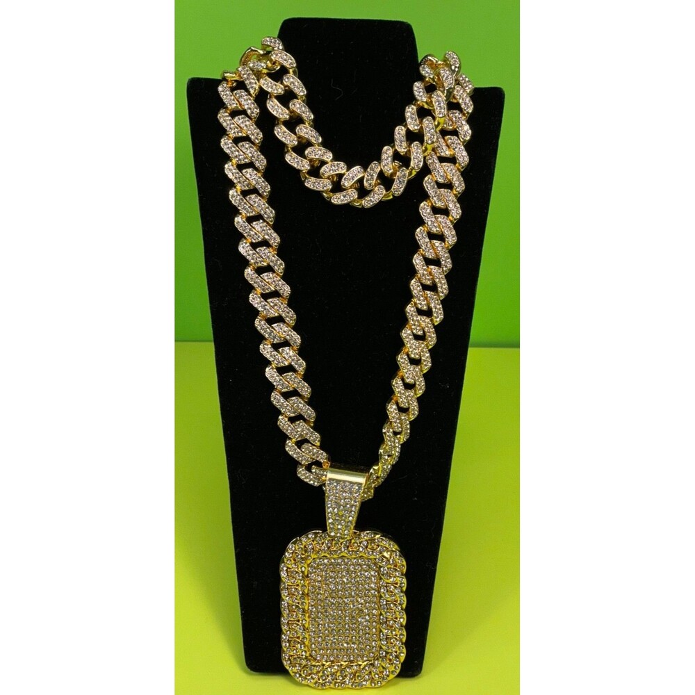 New Dog Tag Pendant Necklace Bracelet Lot Hip Hop Bling 20 Inches Cuban Chain